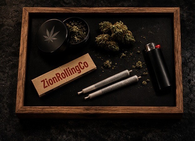 Top-down view of a Zion Rolling Co tray set for rolling